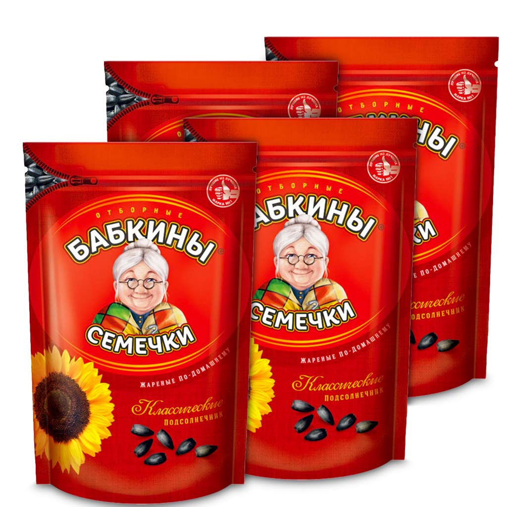 Babkiny roasted sunflower seeds 4-pack; resealable bag for on-the-go snacking.