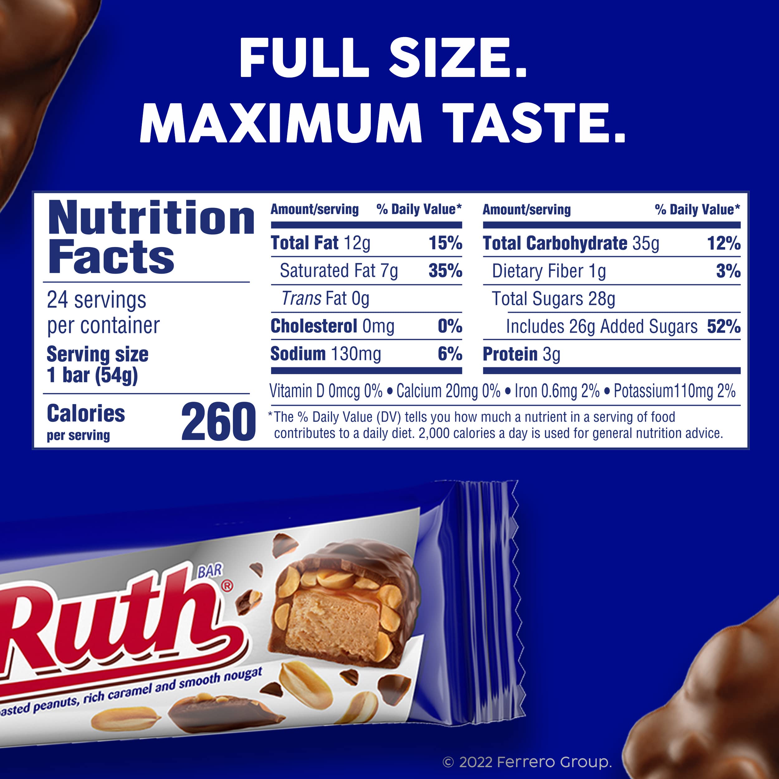 Individually wrapped Baby Ruth bar for easy snacking on the go.