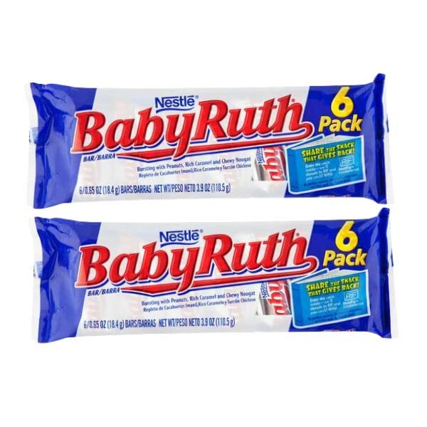 Baby Ruth fun size bar close-up shows peanuts, caramel and nougat for on-the-go snacking
