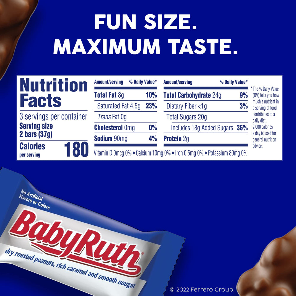Baby Ruth fun size bars, individually wrapped for easy on-the-go snacking.