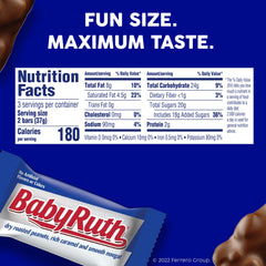 Baby Ruth fun size bars, individually wrapped for easy on-the-go snacking.