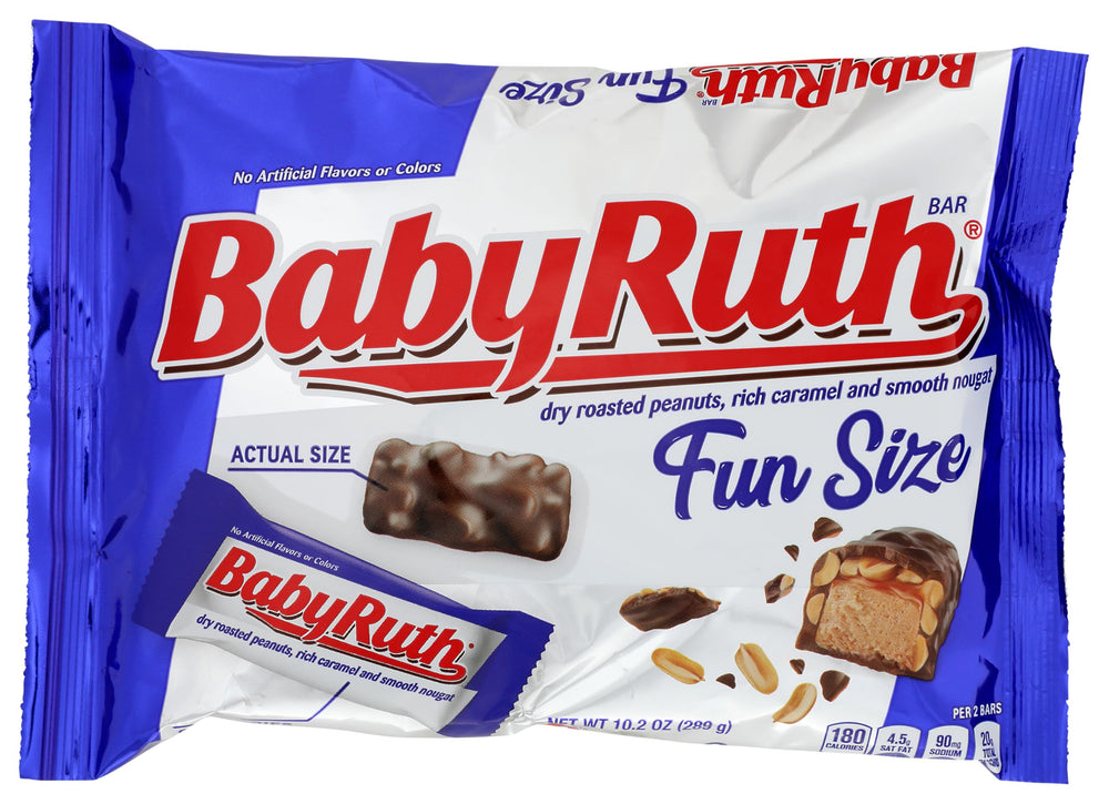 Baby Ruth Fun Size pack of individually wrapped bars for easy sharing.