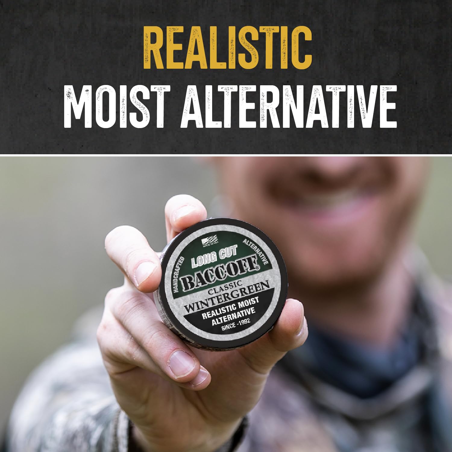 BACC OFF Classic Wintergreen Long Cut brand emblem signals USA craftsmanship