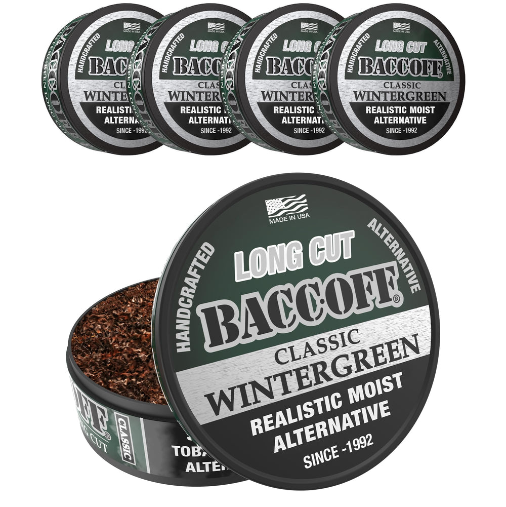BACC OFF Classic Wintergreen Long Cut can highlights authentic chew flavor and familiar packaging