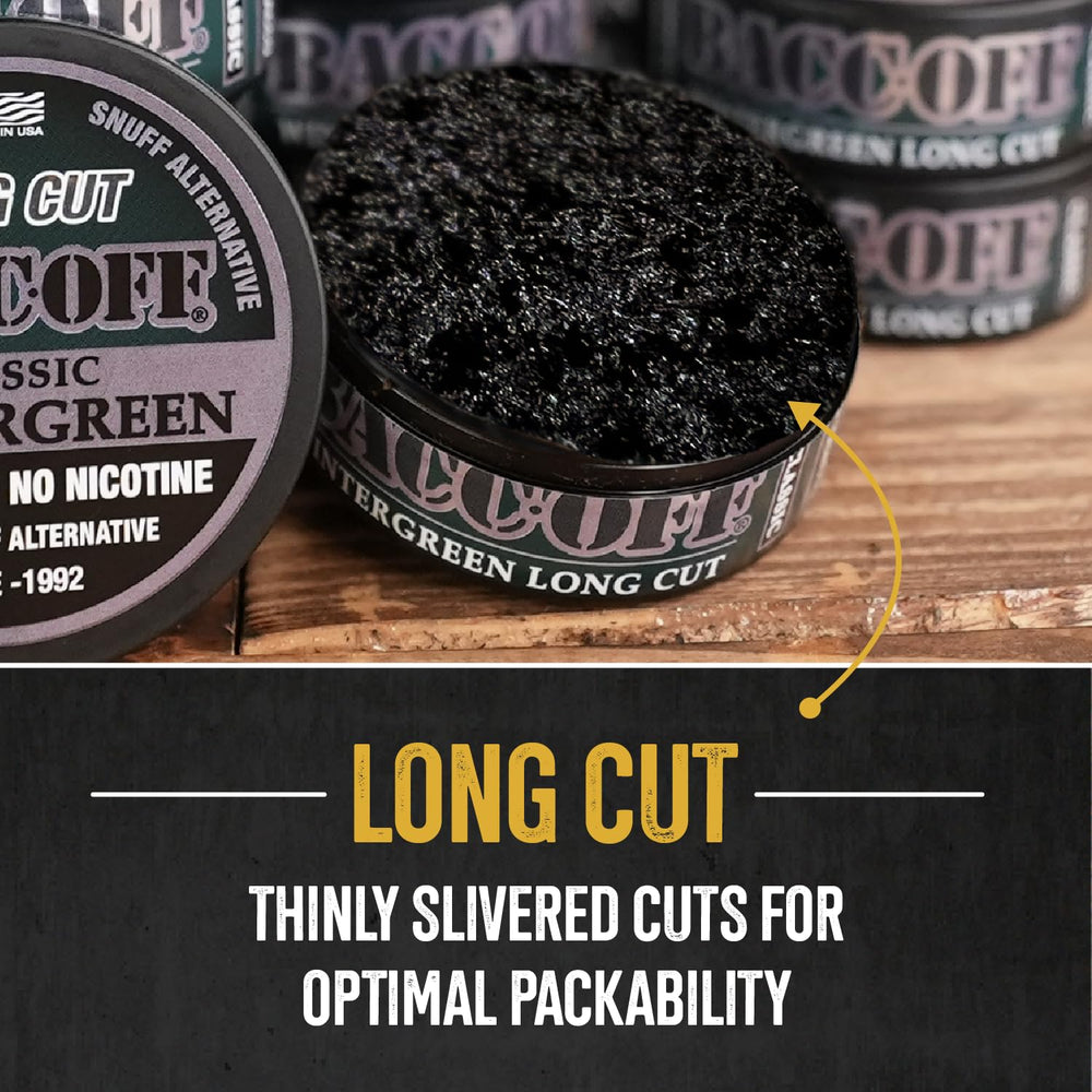 BACC OFF Classic Wintergreen Long Cut closeup texture emphasizes bold wintergreen notes
