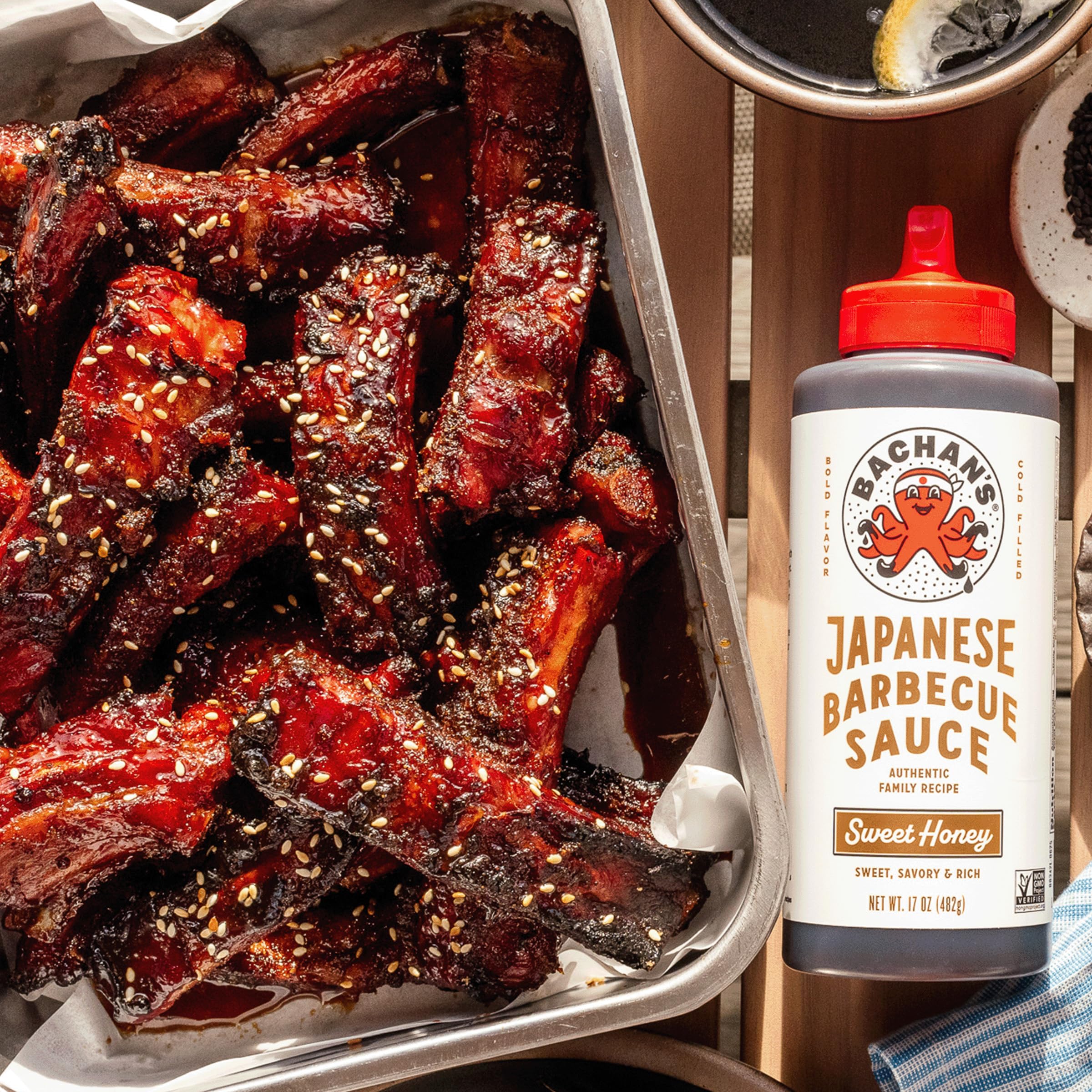 Close-up of Bachan's ingredients including Non-GMO soy sauce and ginger