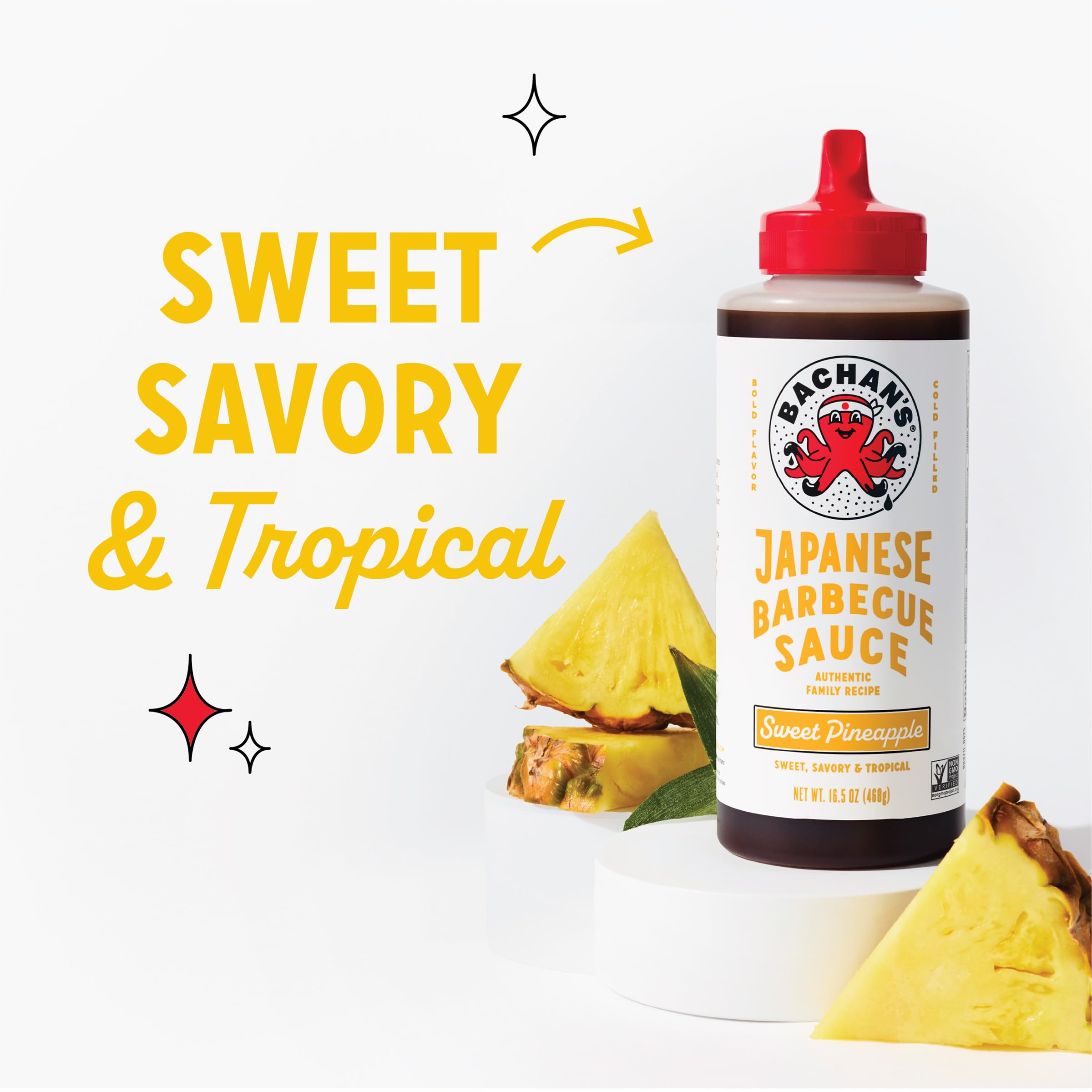Bachan's Sweet Pineapple BBQ bottle on cutting board for tropical zest