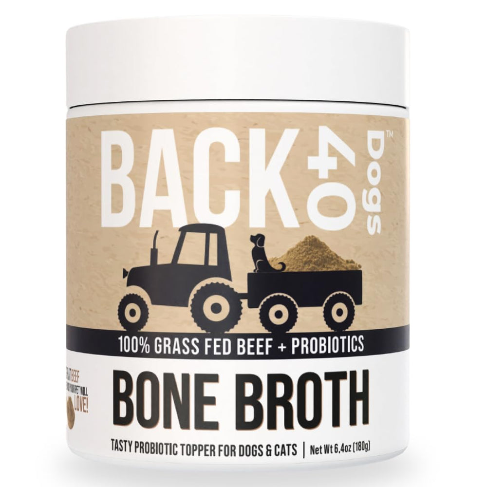 Back 40 Dogs grass-fed bone broth powder bottle enhances meals with savory flavor and collagen