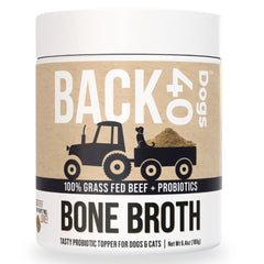 Back 40 Dogs grass-fed bone broth powder bottle enhances meals with savory flavor and collagen
