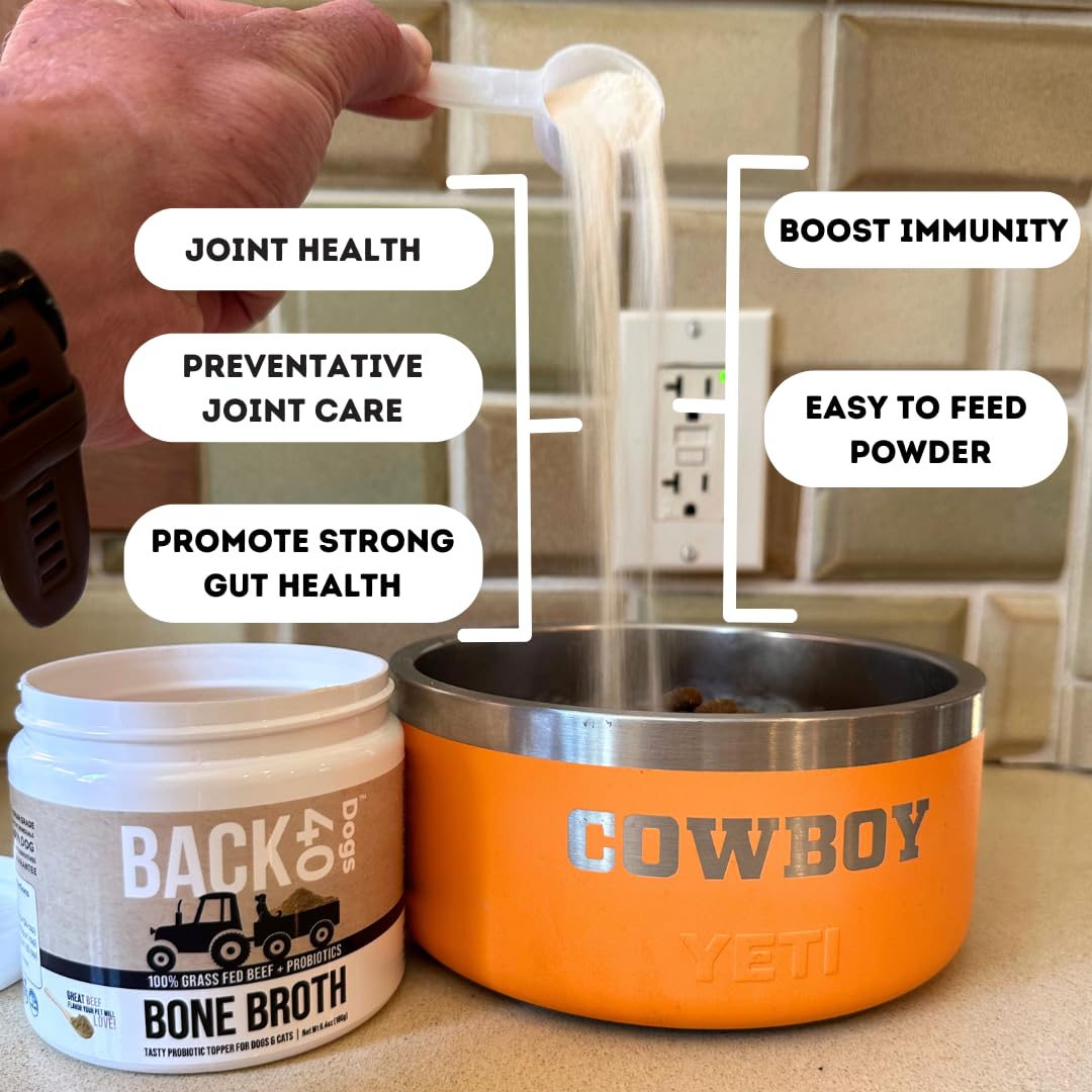 Back 40 Dogs probiotic bone broth powder bottle supports gut health