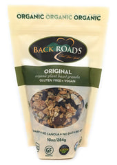 Back Roads Organic Original Granola closeup of clusters highlighting crunchy texture for snacking.