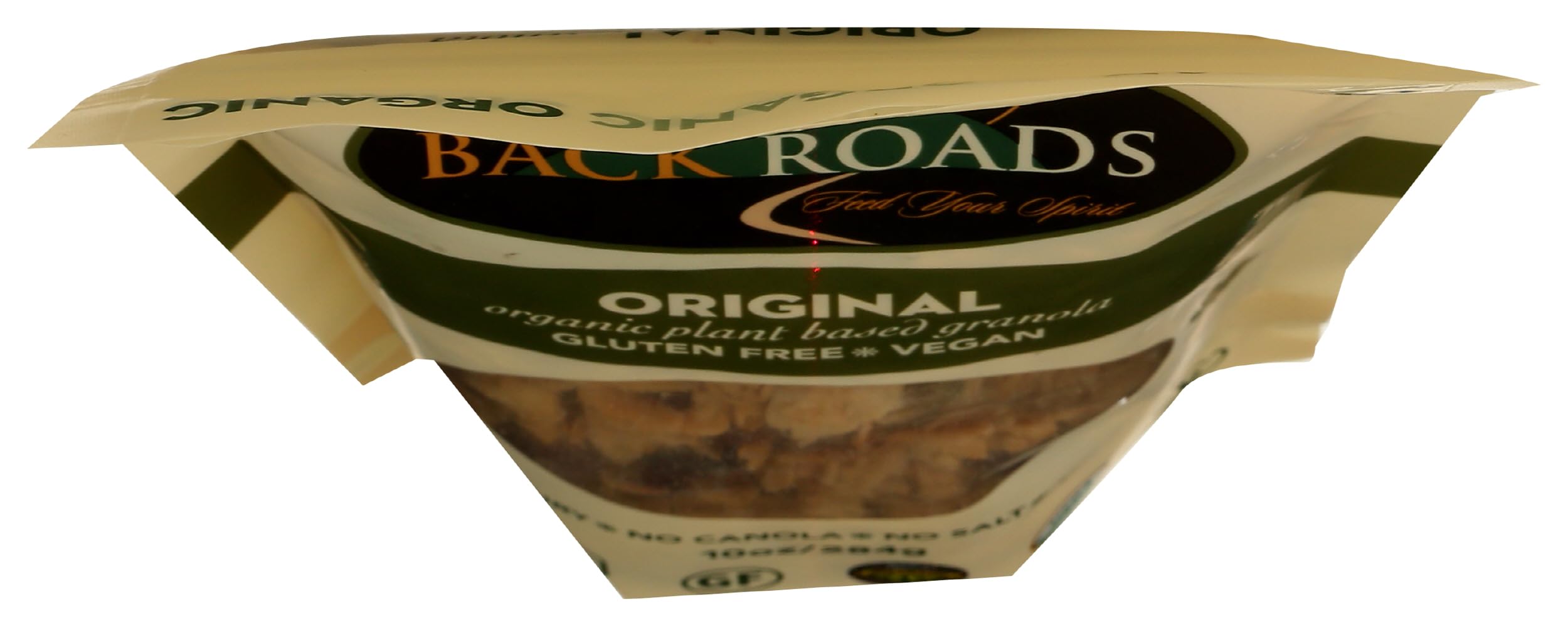Back Roads Organic Original Granola scoop demonstrates portion control for on-the-go meals.