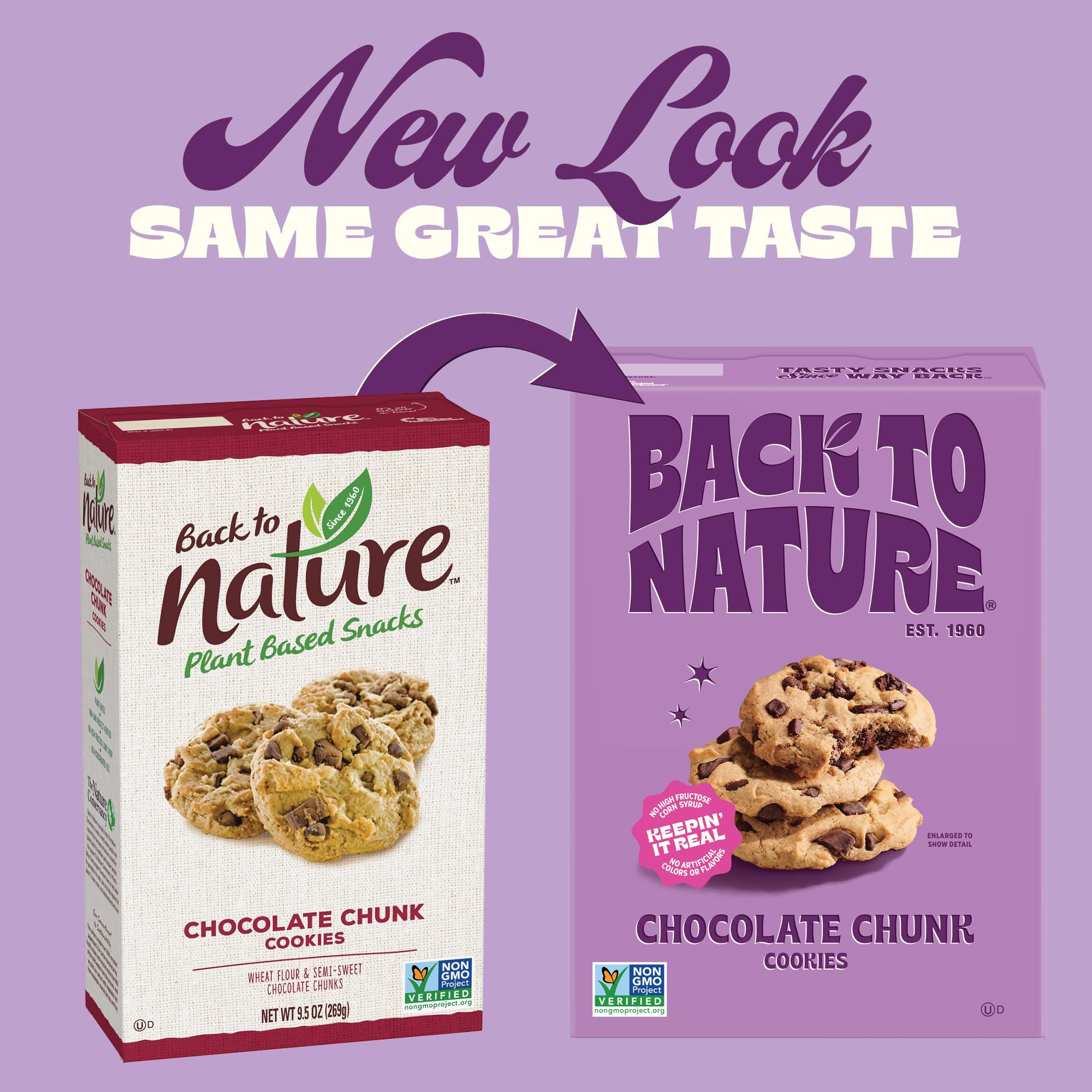 Back To Nature Chocolate Chunk Cookies 7-5oz bag on shelf suggests quick snack ideas.