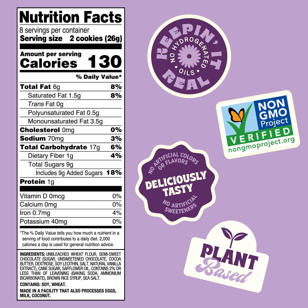 Back To Nature Chocolate Chunk Cookies ingredient panel shows real ingredients and no artificial additives.