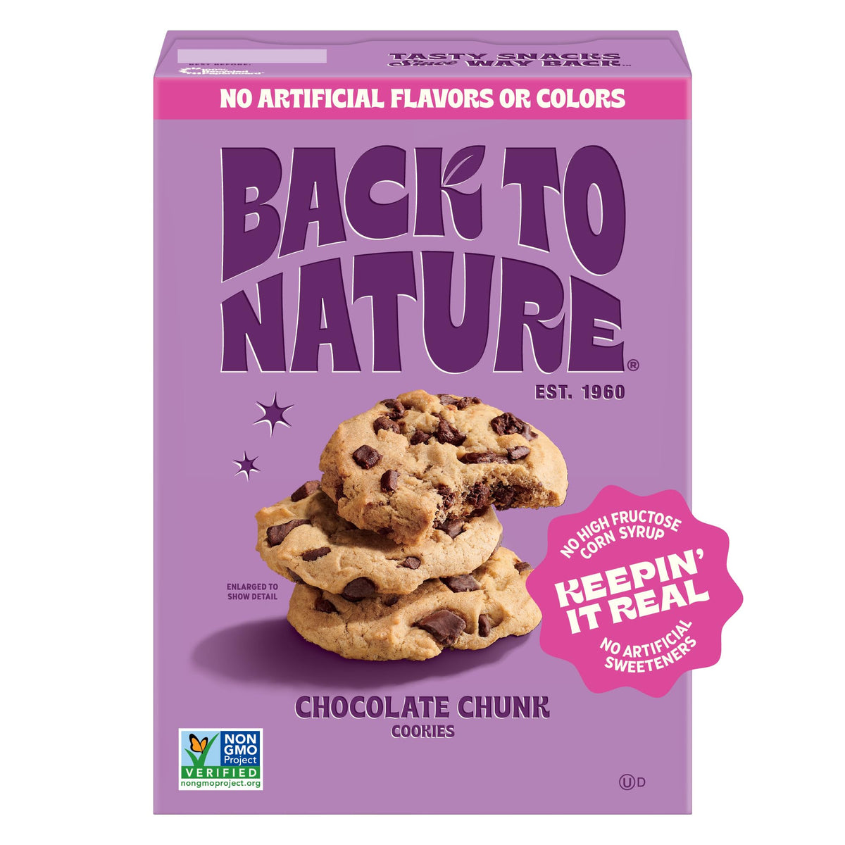 Back To Nature Chocolate Chunk Cookies packshot highlighting generous chocolate chunks and golden edges.