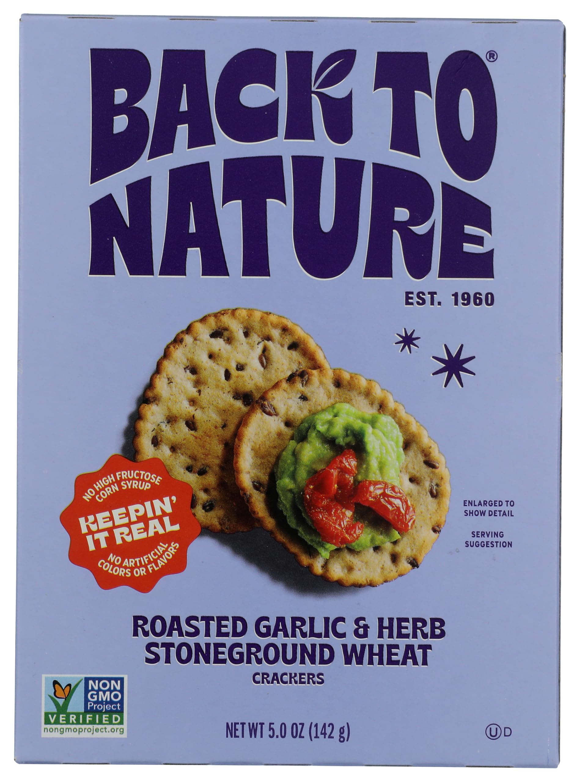 Back To Nature Crackers Roasted Garlic Herb packshot highlights premium ingredients and a snack-ready bite.