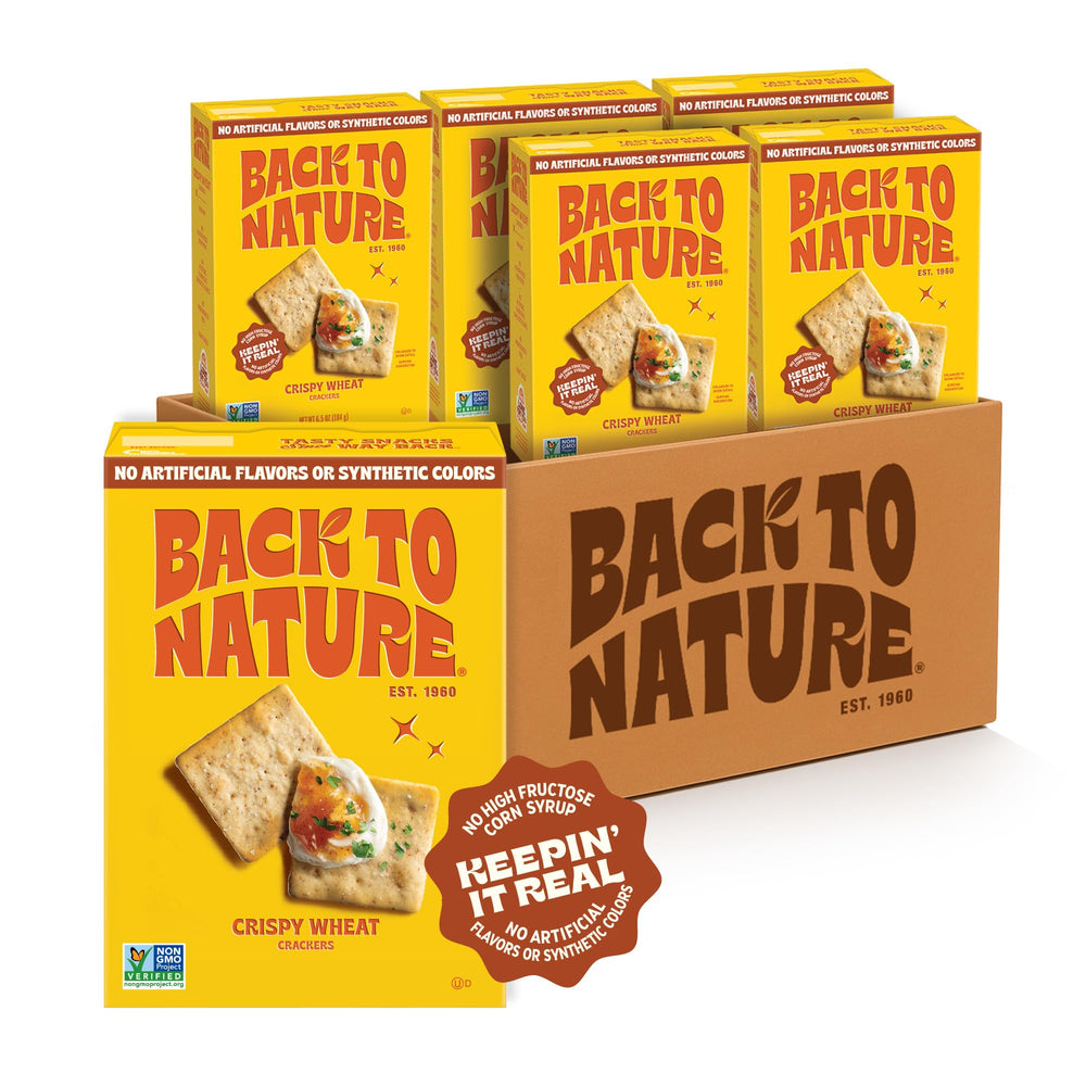 Back To Nature Crispy Wheat Crackers on a serving plate, ideal for a dairy-free snack.