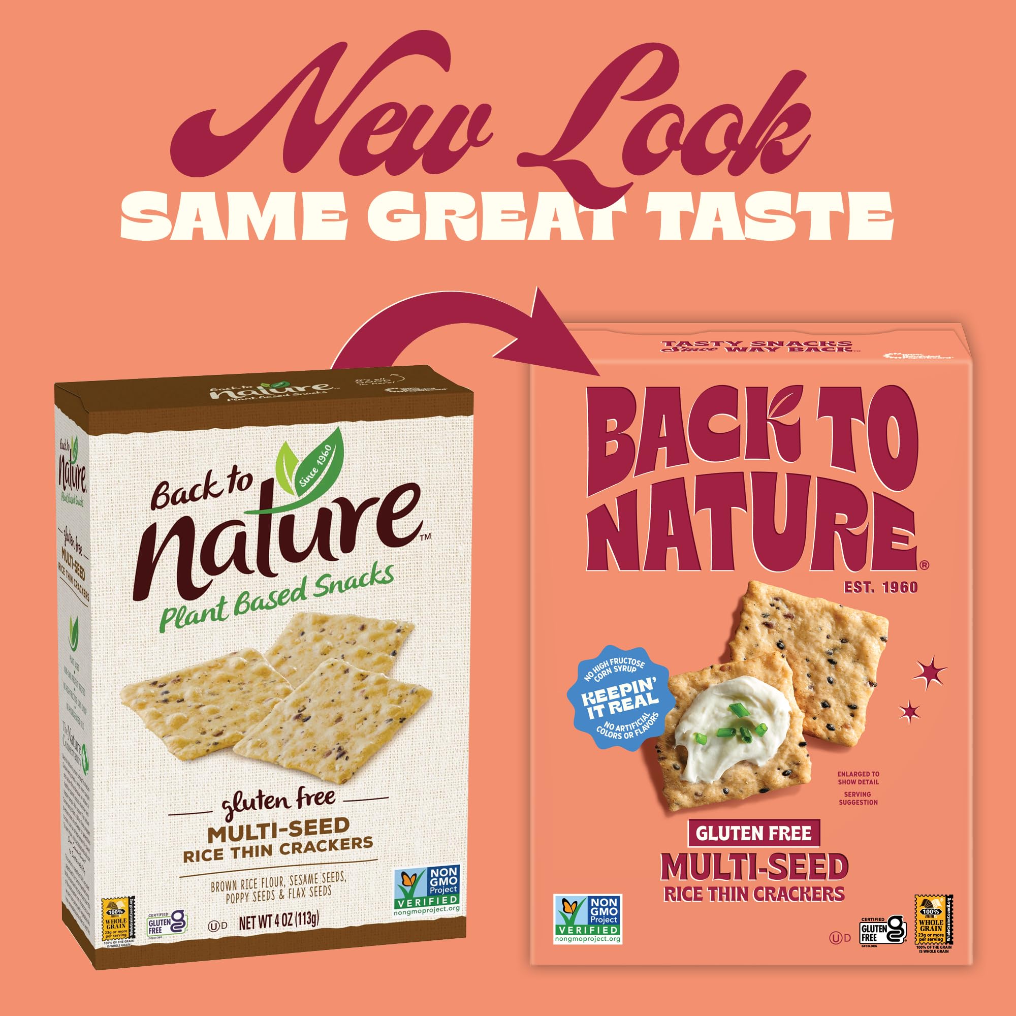 Non-GMO Project Verified icon shown on Back to Nature gluten free crackers multi-seed.