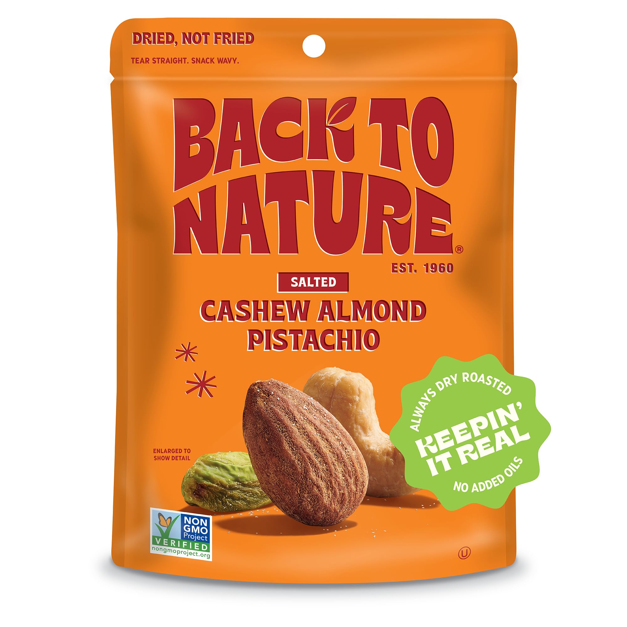 Back to Nature Premium Nut Mix package featuring cashews, almonds, and pistachios; non-GMO and kosher.