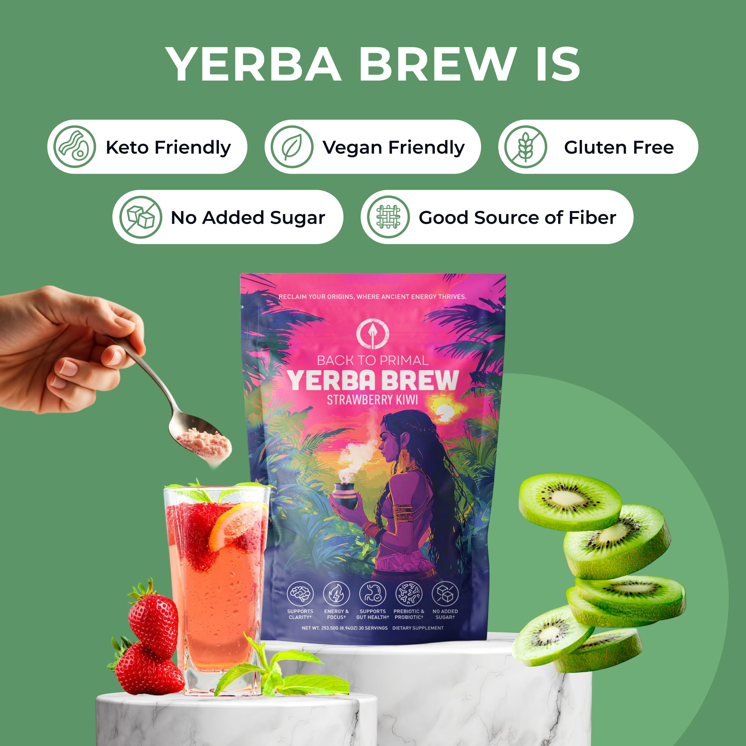 Back to Primal Yerba Mate Instant Tea dissolving in a glass for instant mix simplicity