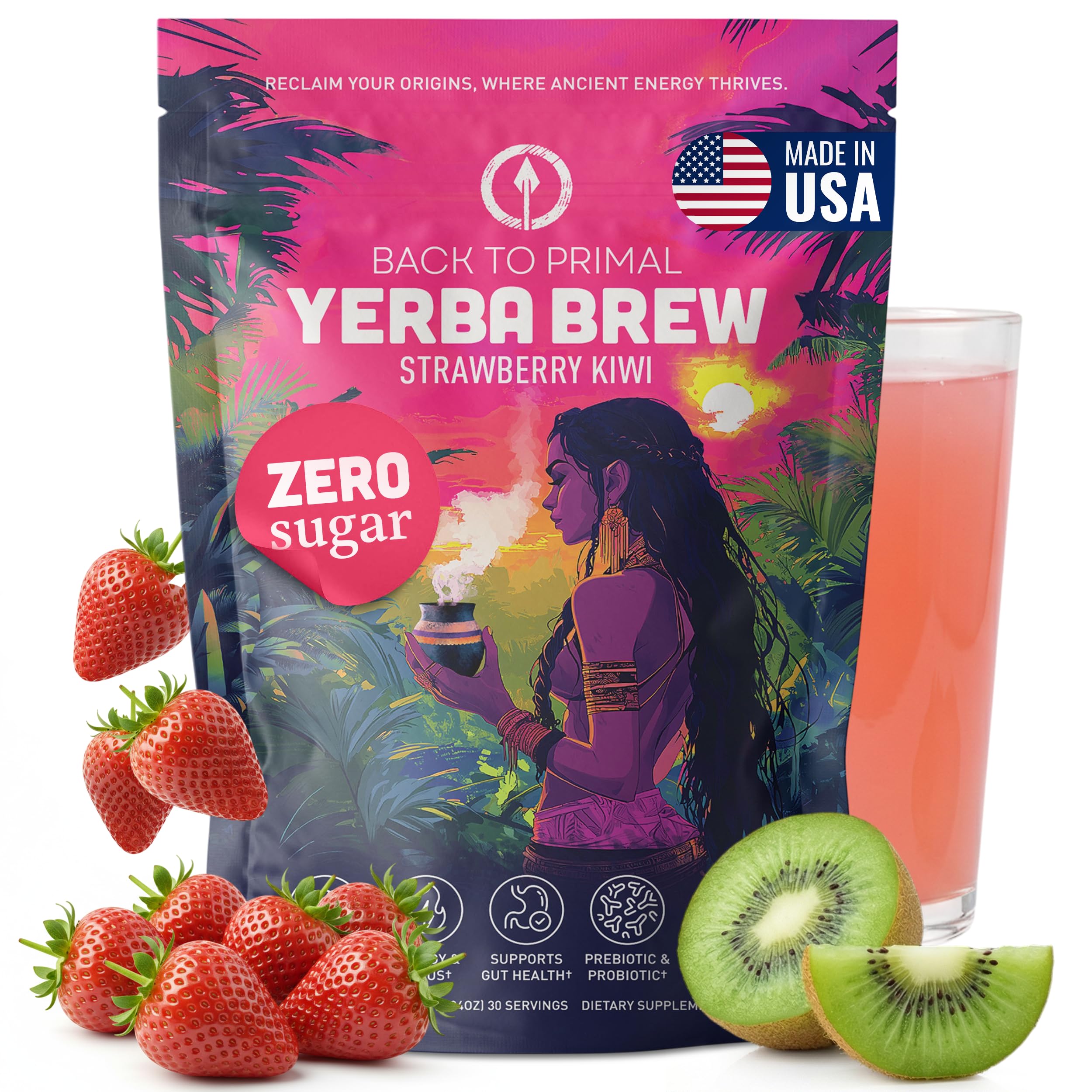 Back to Primal Yerba Mate Instant Tea packshot with strawberry-kiwi flavor for a sugar-free energy option