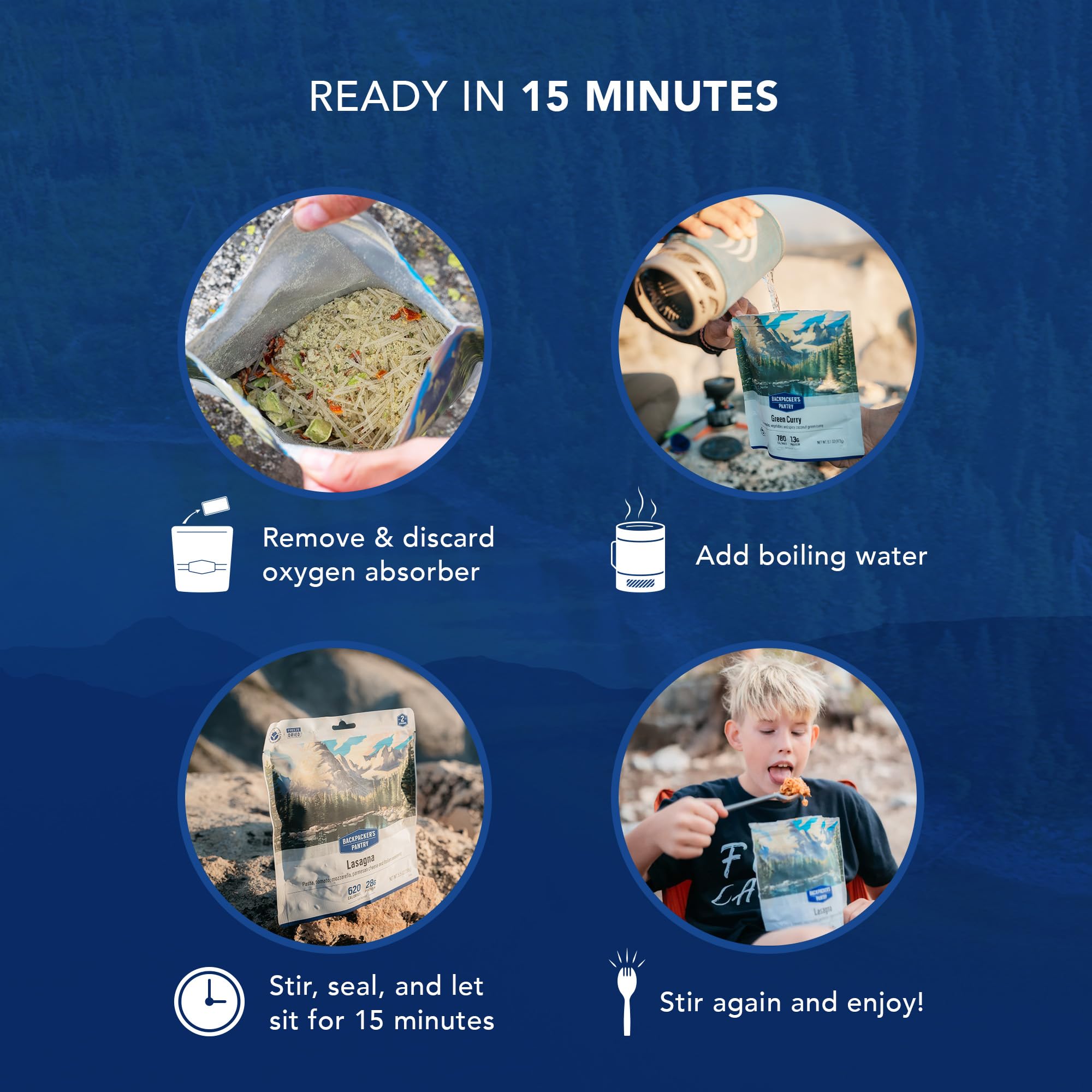 Backpacker's Pantry emergency meal kit packed for shelf-stable camping or outages