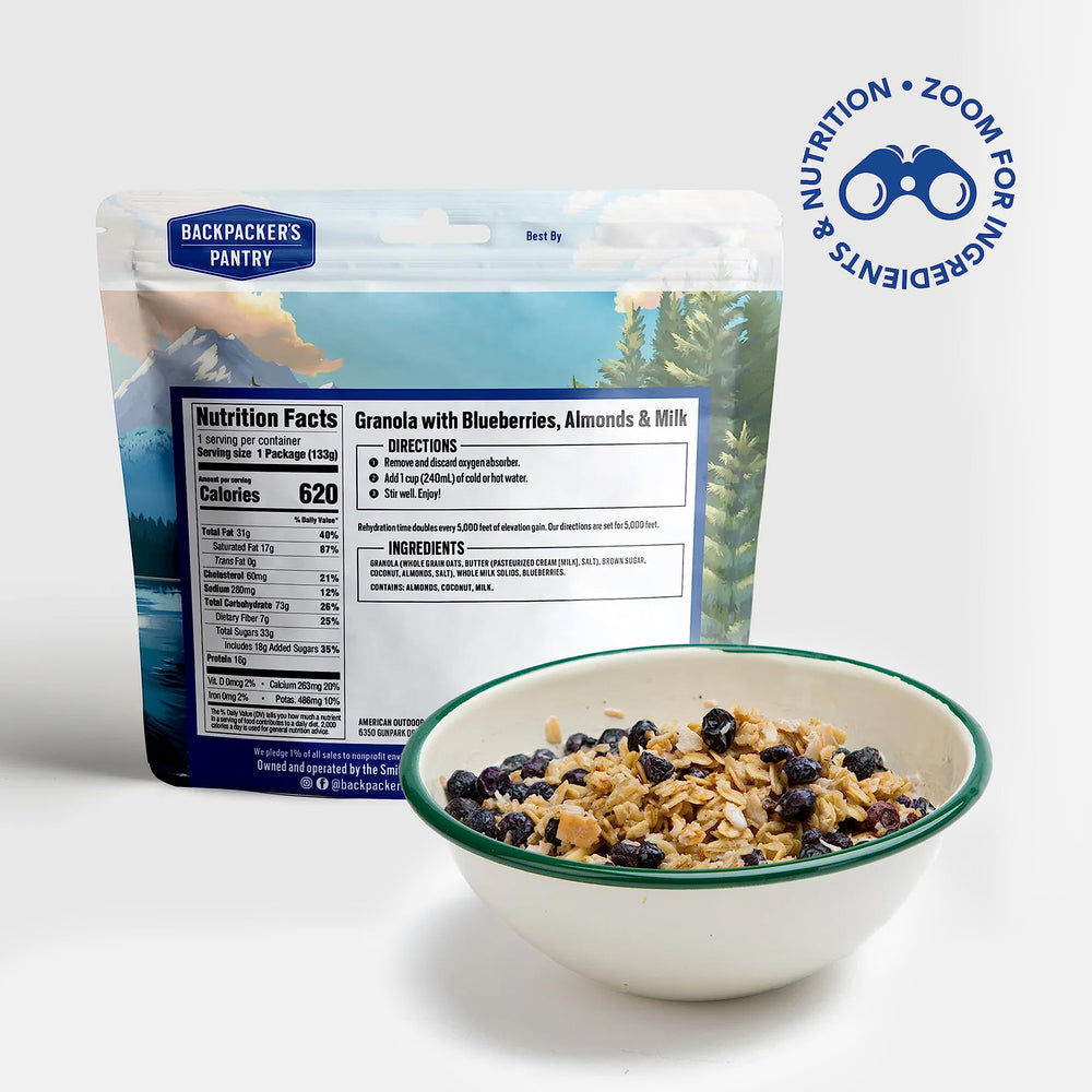 Backpacker's Pantry freeze-dried granola in a lightweight pouch ideal for backpacking.