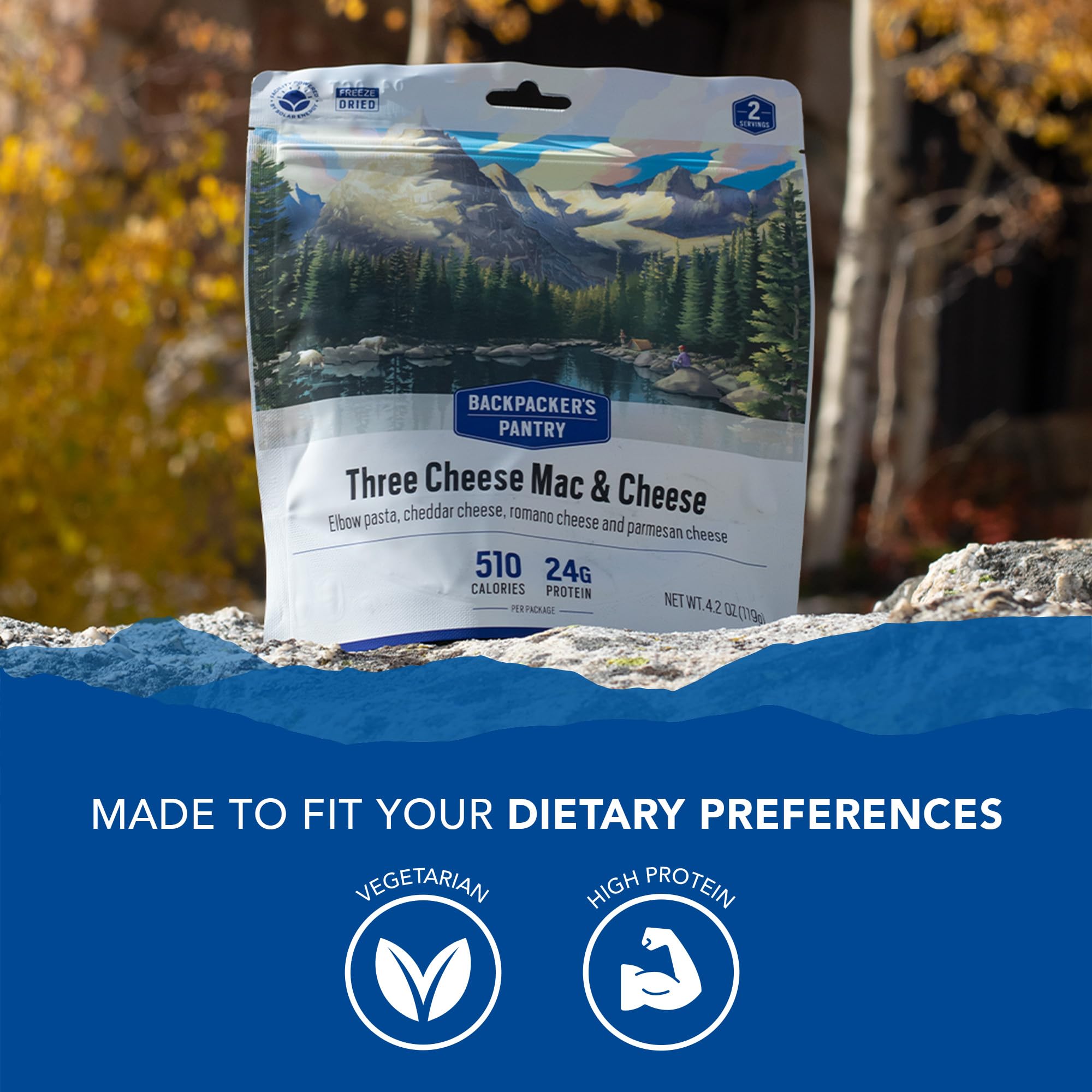 Backpacker's Pantry vegetarian dinner on tray offers comforting cheese flavor