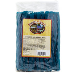 Backroad Country blue raspberry licorice twists close-up, chewy texture and bold flavor for snacking.