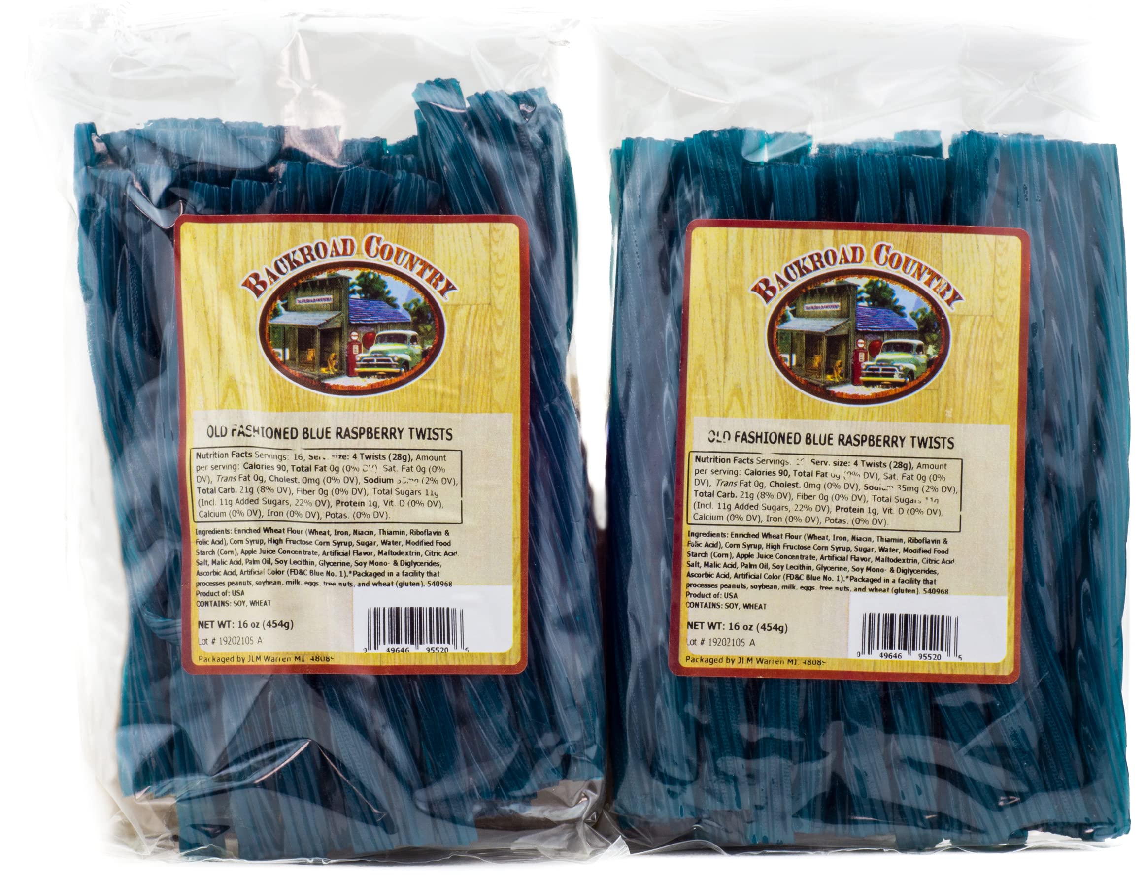 Backroad Country blue raspberry licorice twists in a 2-pack on the front of the box, ideal for sharing.