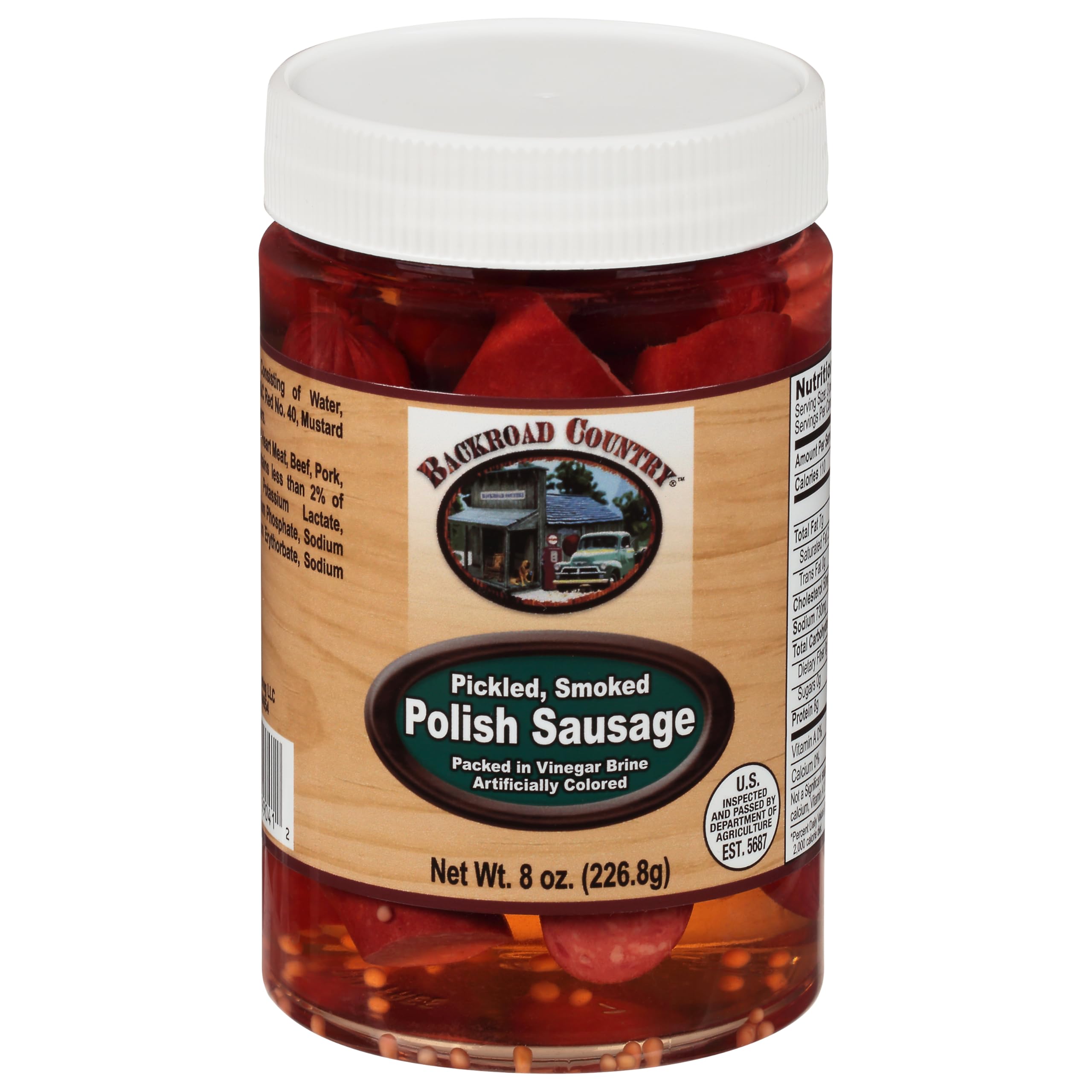 Backroad Country pickled smoked Polish sausage jar front—ready for a quick snack.