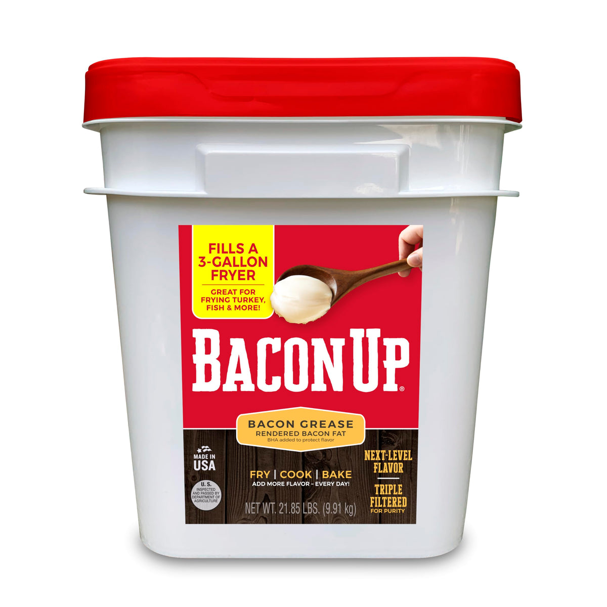 Bacon Up bacon grease tub, versatile fat for frying and baking.