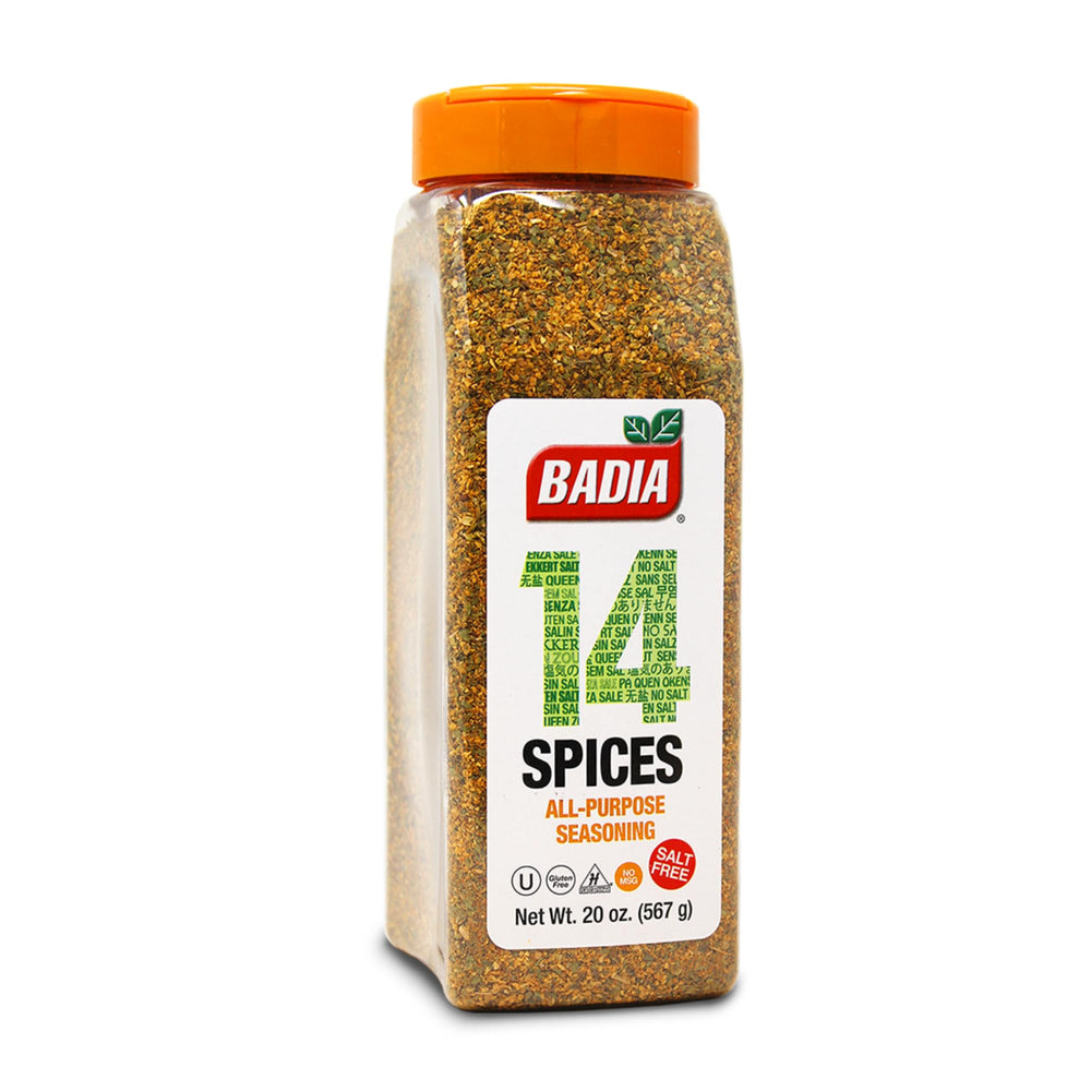 Badia 14 Spices Salt-Free All Purpose Seasoning bottle closeup for flavorful, salt-free meals.