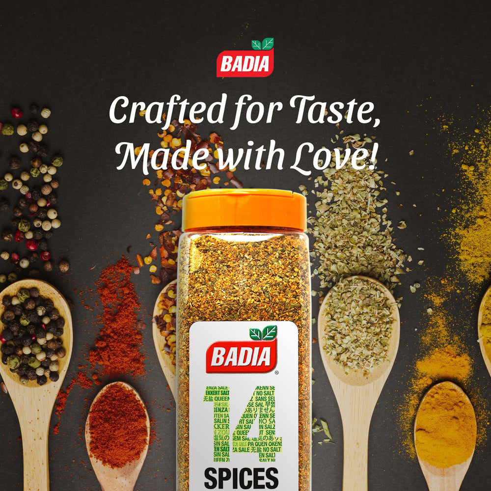 Badia 14 Spices seasoning on grilled meat showcasing savory, herb-infused flavor.
