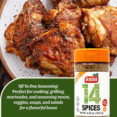 Badia 14 Spices seasoning on grilled meat highlights bold, aromatic profile.
