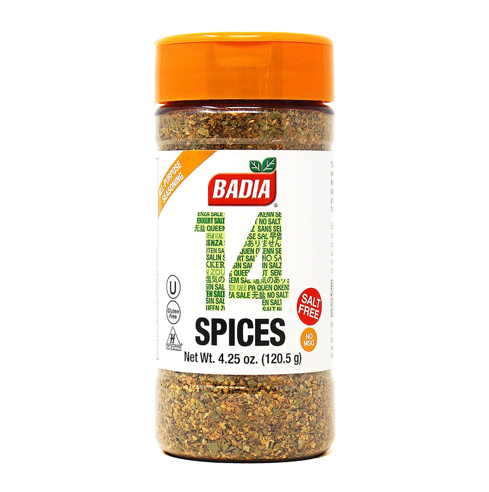 Badia 14 Spices Salt-Free All Purpose Seasoning jar closeup for salt-free flavor.