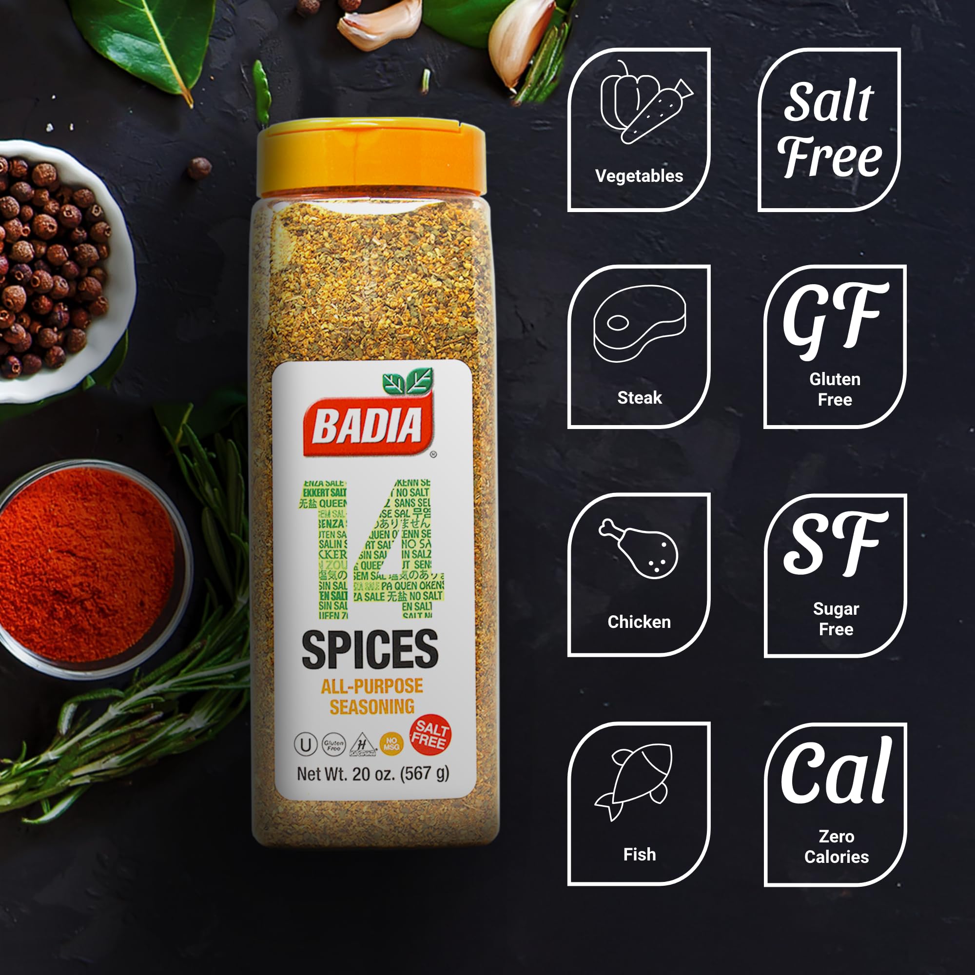 Badia packaging front shows trusted salt-free seasoning blend for everyday cooking.