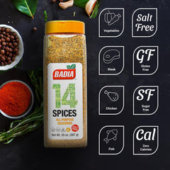 Badia packaging front shows trusted salt-free seasoning blend for everyday cooking.