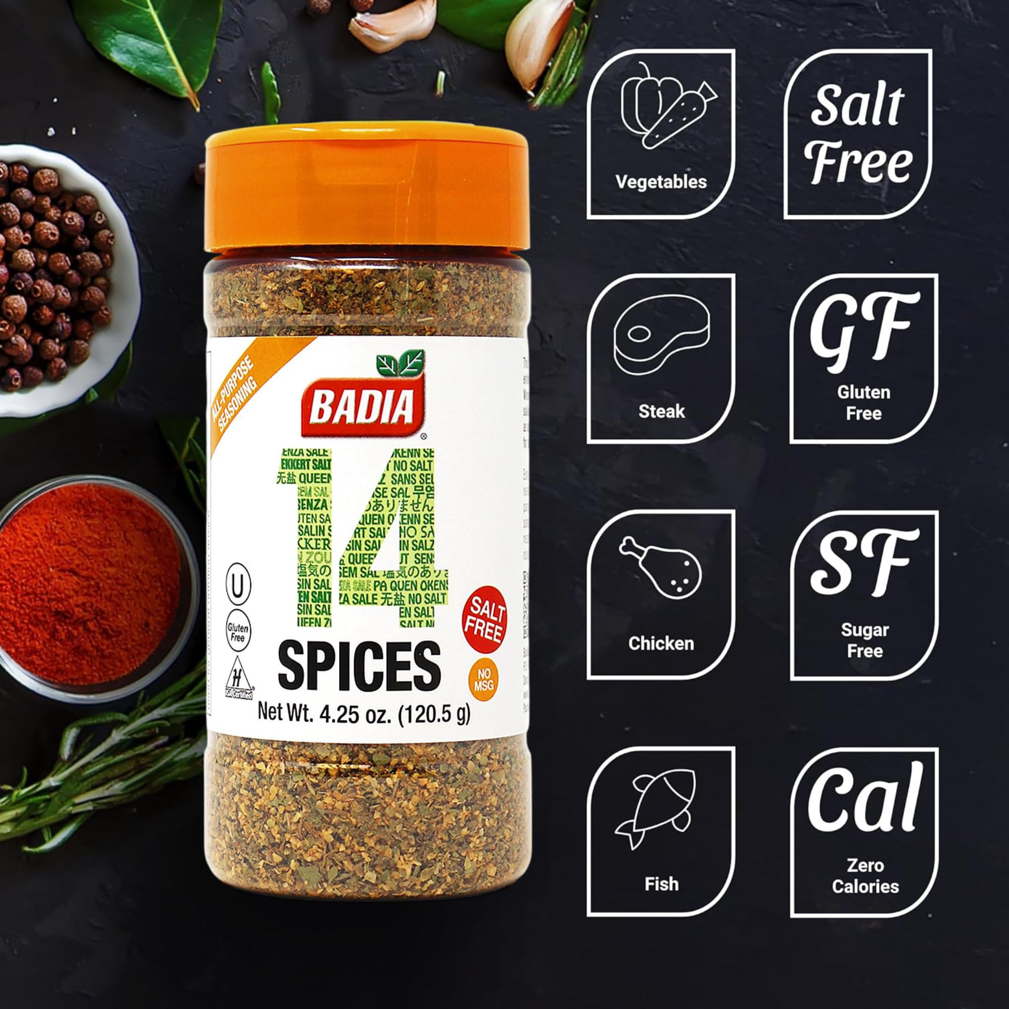 Badia seasoning pour closeup showcases premium blend for grilling and marinating without salt.