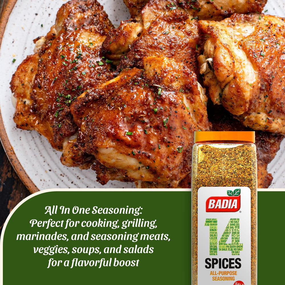 Badia 14 Spices spice rack display highlights all-purpose seasoning versatility.