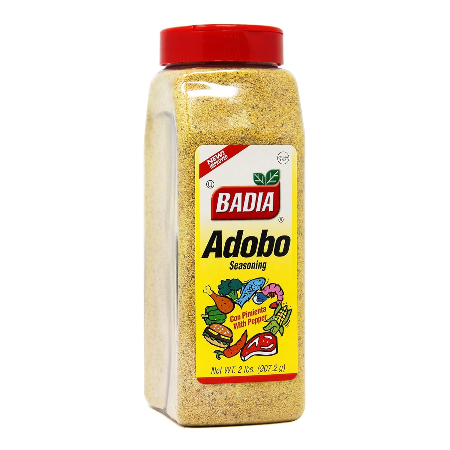 Badia Adobo all-purpose seasoning bottle close-up showing bold aromas for meats
