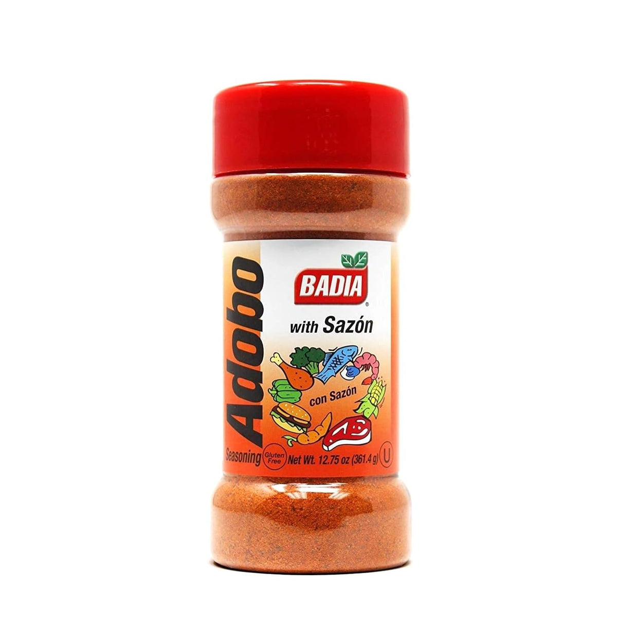 Badia Adobo with Sazon bottle front, bold Latin seasoning for versatile meals.