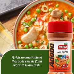 Badia Adobo with Sazon label closeup highlighting authentic spice blend.