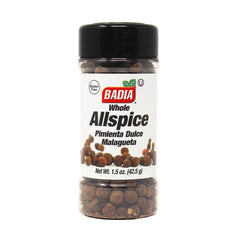 Badia Allspice Whole 1.5 oz bottle—aromatic spice ready for stews and marinades.