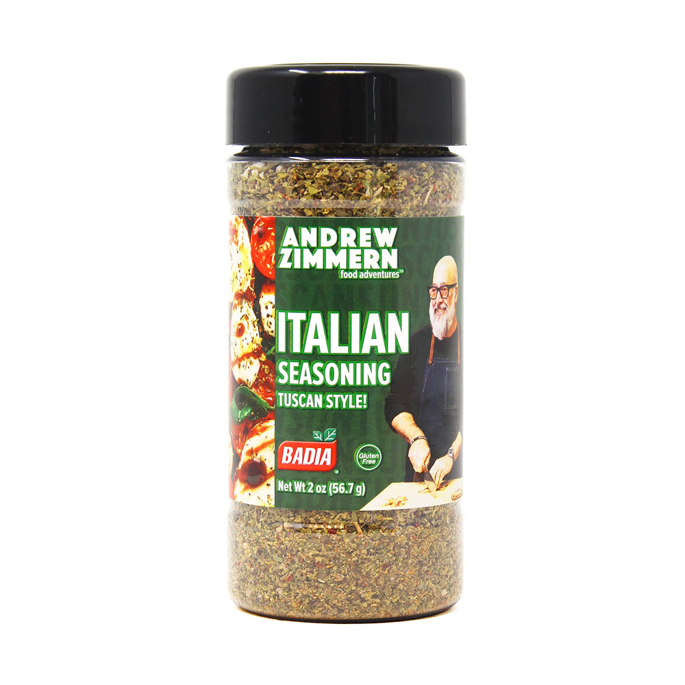 Badia Andrew Zimmern Italian Seasoning Tuscan Style bottle pouring for richer pasta sauce flavor