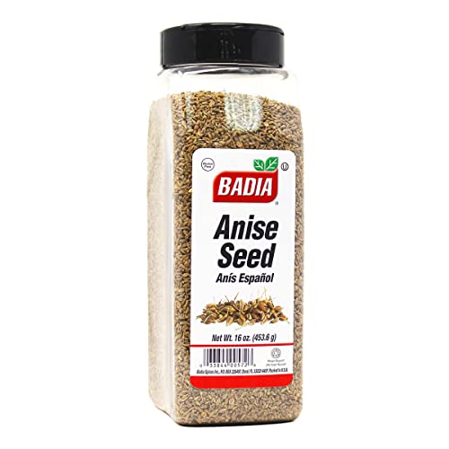 Badia anise seed bottle label closeup, showcasing pure ingredients and freshness.