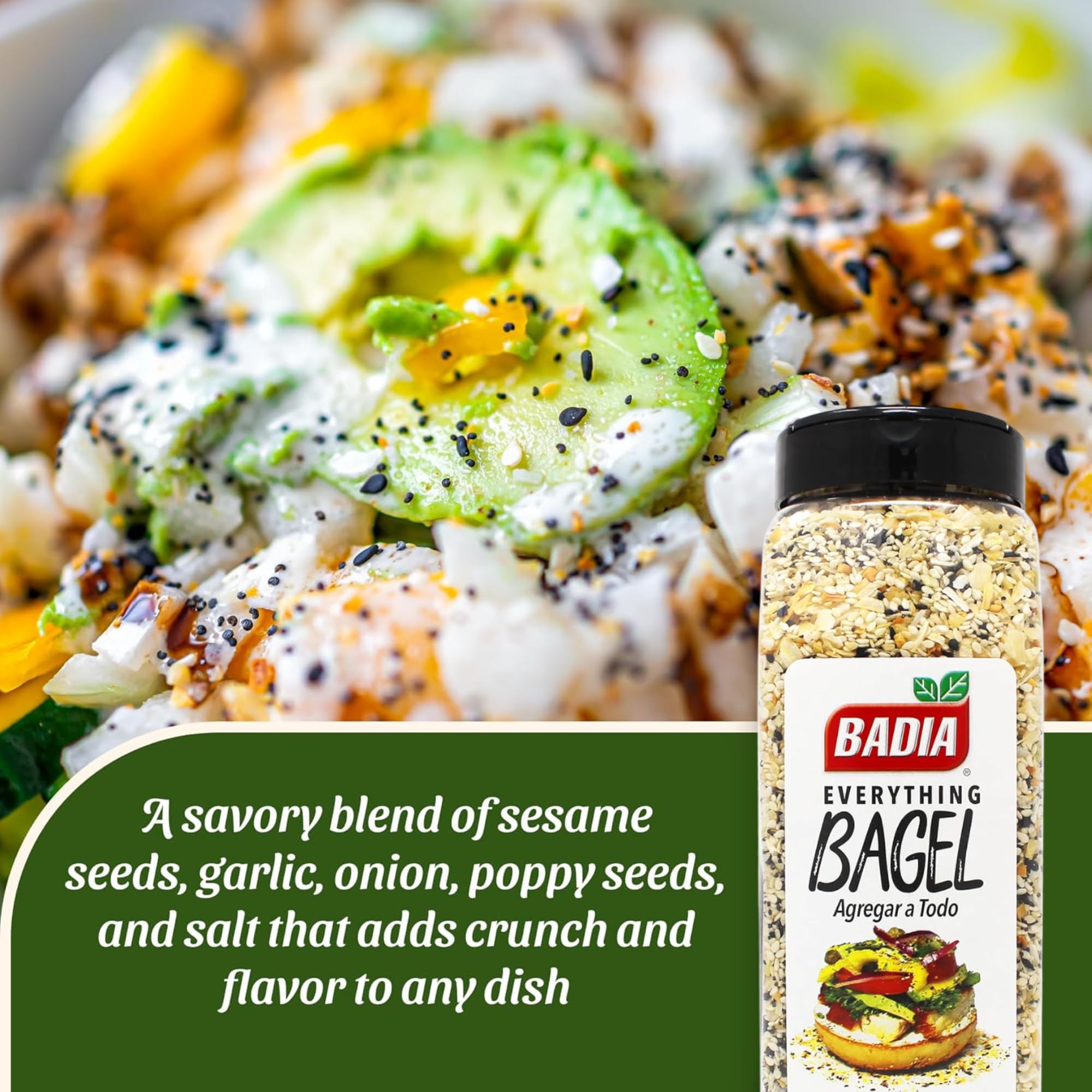 Avocado toast topped with Badia Everything Bagel Seasoning for extra crunch.