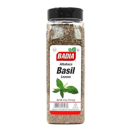 Badia Basil Leaves close-up of dried leaves, highlighting sweet aroma ideal for tomato sauces.