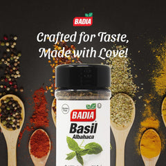 Badia Basil Leaves dried pile highlights versatile herb for sauces and salads.