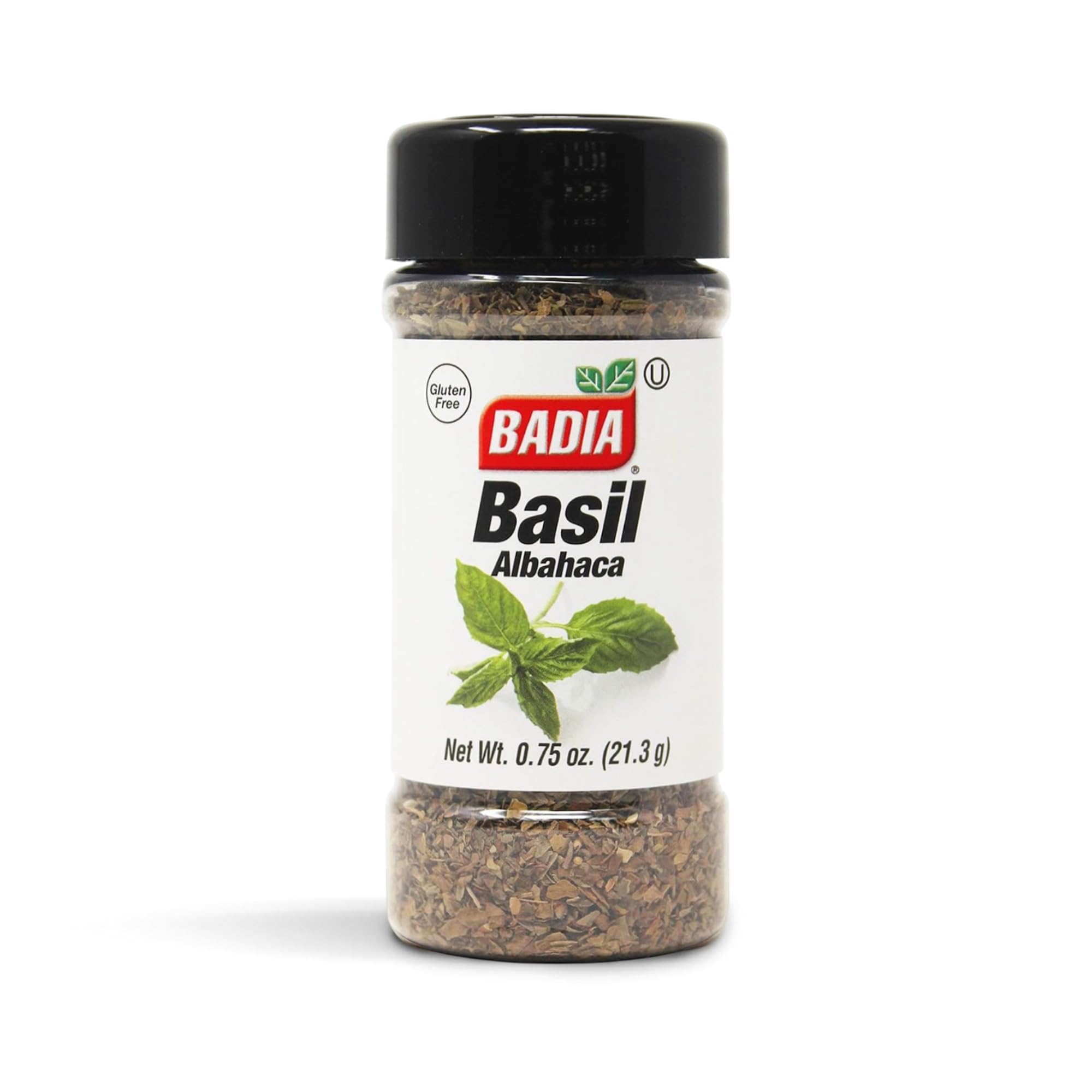 Badia Basil Leaves jar close-up, releasing fresh aroma for Italian dishes.